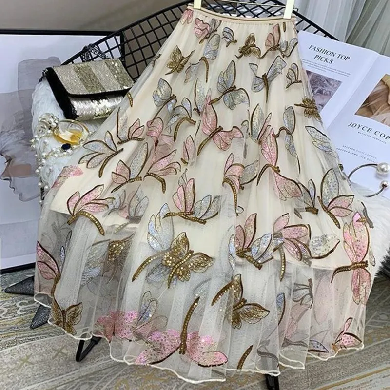 

women Tulle Skirts Mesh High wais A line korean style 2024 new autumn Elegant Sequin Embroidery Long Skirt Spring Summer Female