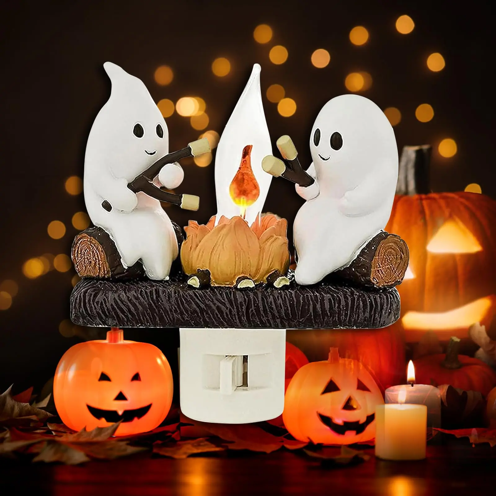 Ghost Campfire Flickering Nightlight- Ghost Roasting Marshmallows at Campfire,3D Spooky Fire Marshmallow LED Night Light