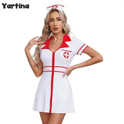 Womens Nurse Uniform Halloween Cosplay Outfit Nurse Role Play Games Costumes Short Sleeve Front Zipper Cross Dress with Headwear