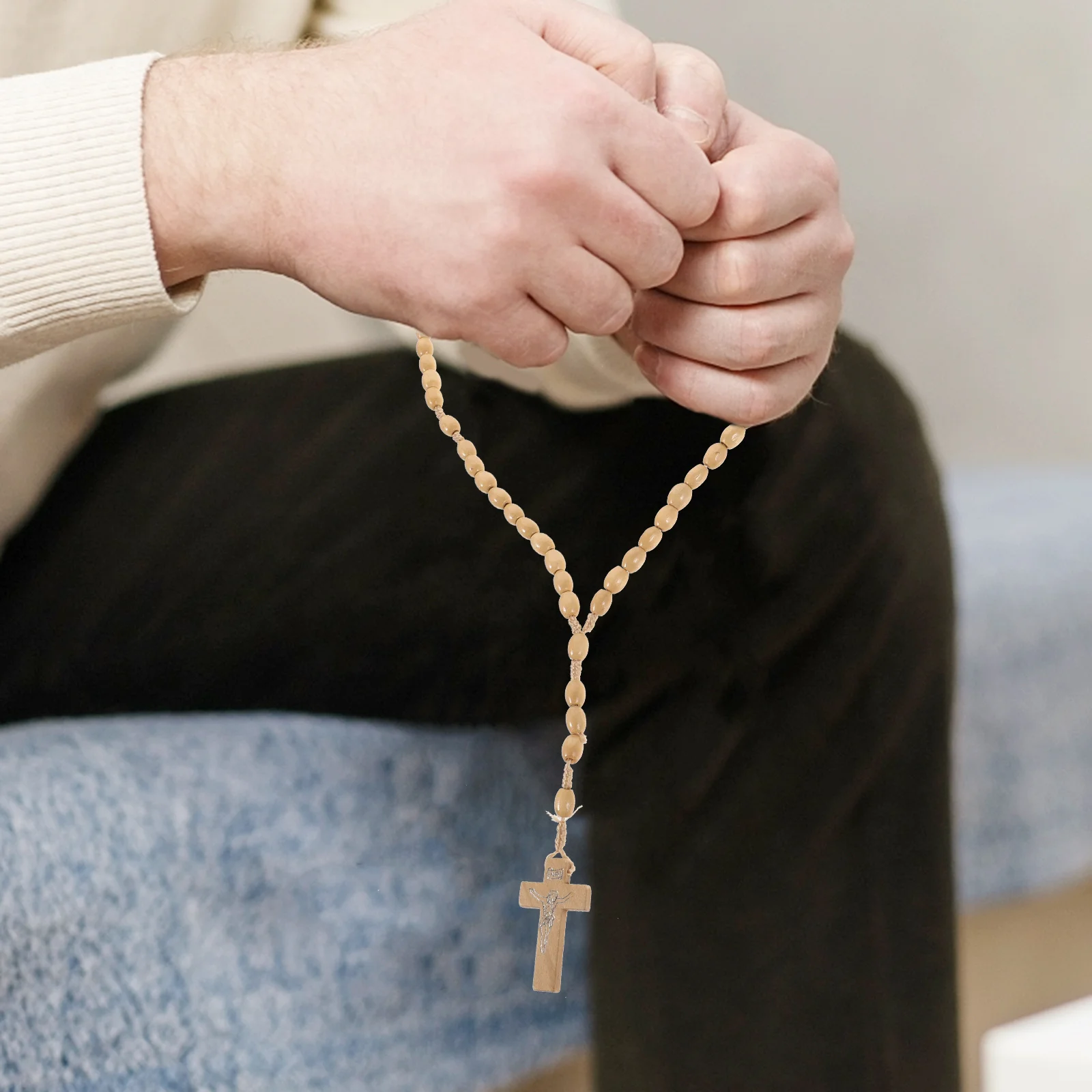 Polished Wooden Beads Necklace Rosary Chain Cross Pendant Prayer Necklace for Men and Women Gift Mens Necklaces
