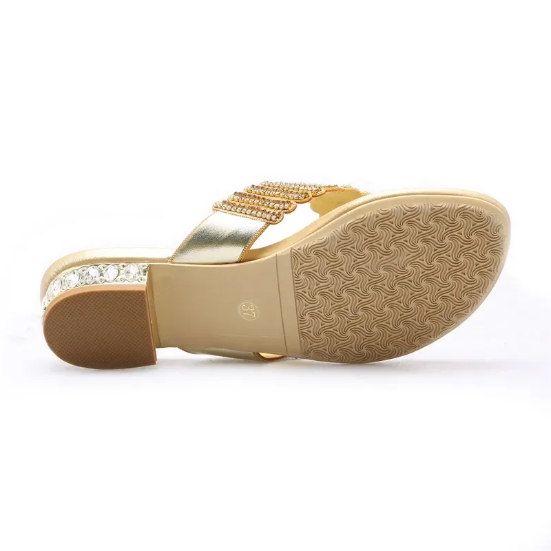 HOVINGE Sliders Shoes Women Summer Footwear Low Heel Silver Rhinestone Gold