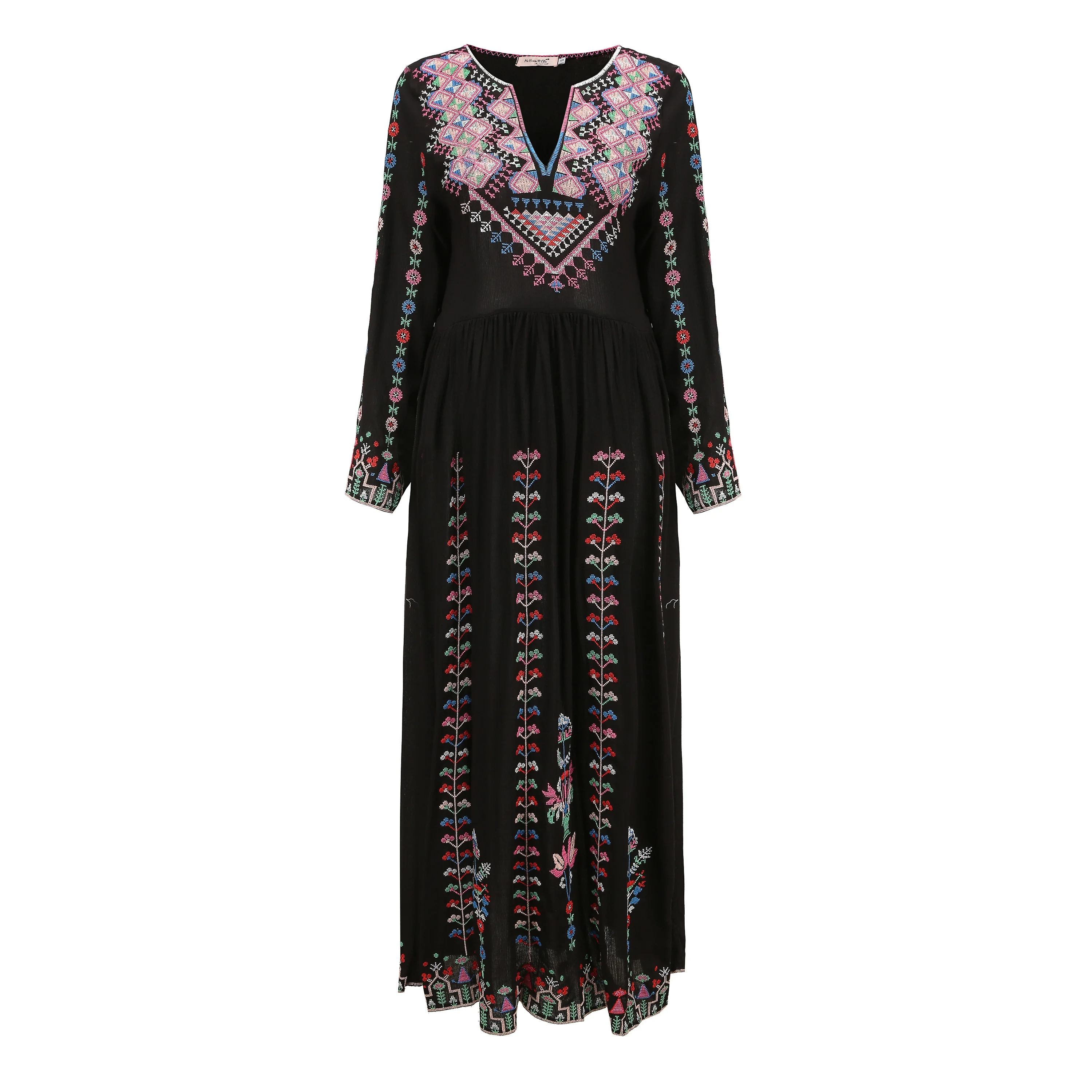 New Elegant Runway Summer Bohemian Vacation Maxi Robe Fow Women Sexy V Neck Black Embroidery Flower Linen High Waist Long Dress