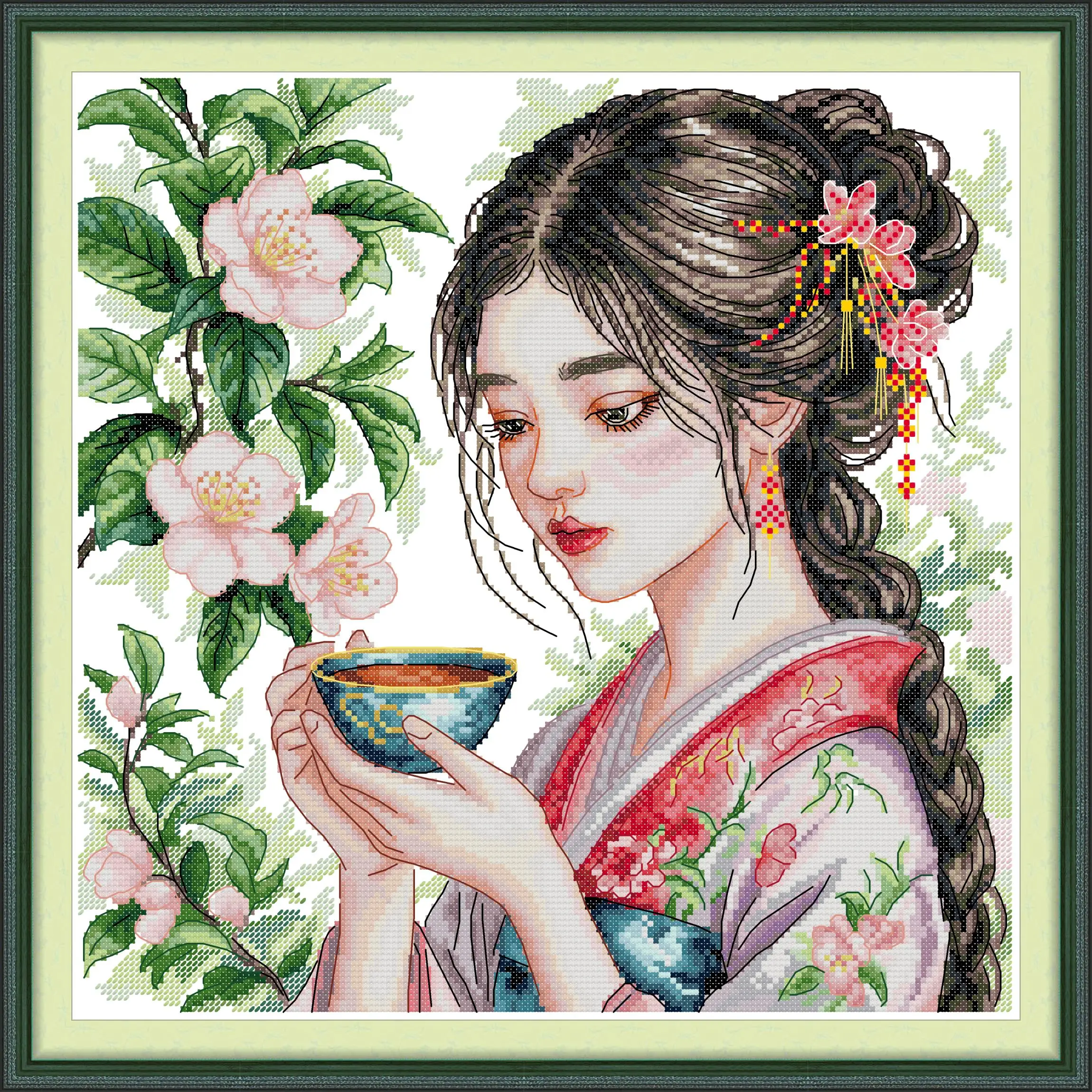 

Soulgift News Pre-Printed Cross Stitch Kit, Stamped Aida Fabric with DMC Threads, Embroidery Kit - The Girl Drinking Tea