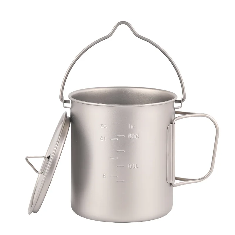 Pure Titanium Hanging Pot 750ml Hanging Camping Pot Portable Water Cup with Lid Foldable Handle Outdoor Tableware Picnic Cookwar