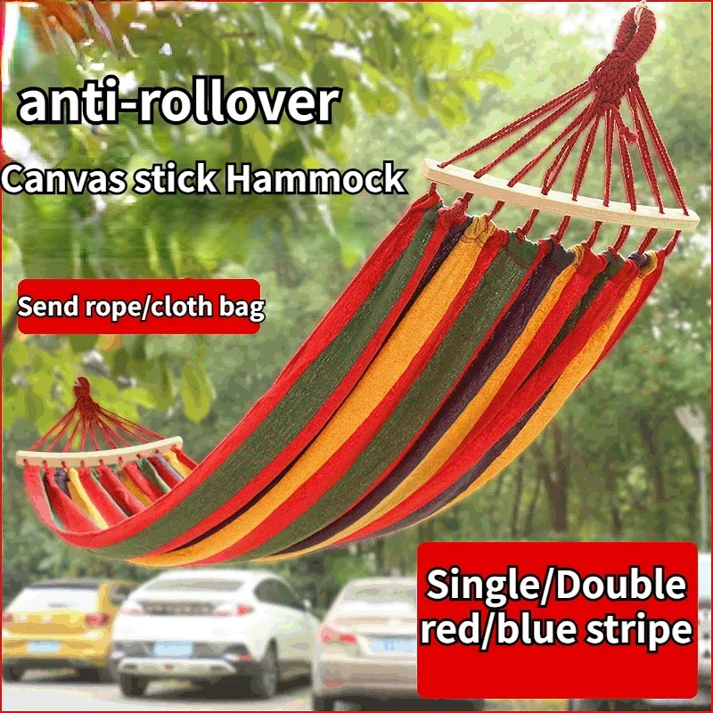 Canvas Curved Stick Hammock Swing Wooden Stick Anti-rollover Children Single Double Hammock Outdoor Camping Portable Supplies