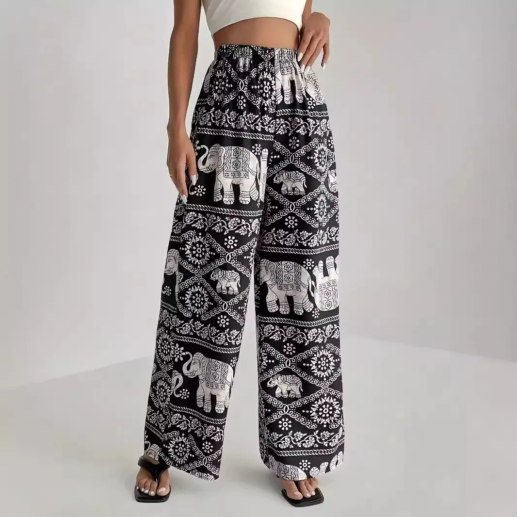 Summer Women's Pants Fashion Printed Elephant Pattern Loose Wide Leg Pants 2025 Casual Comfortable Pants for Women