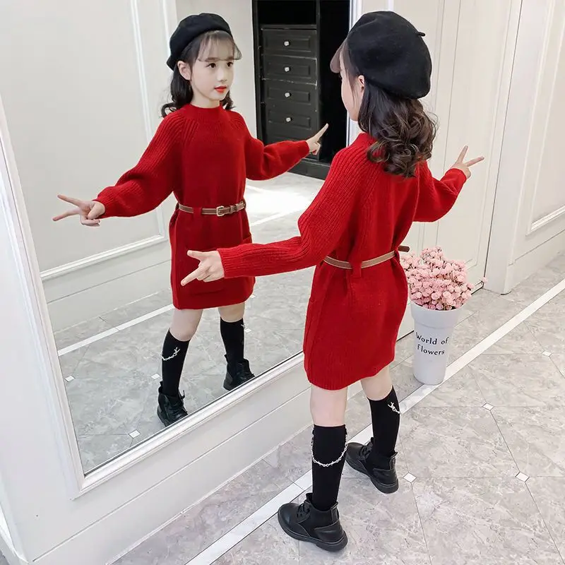 Girls' Red Autumn/Winter New Arrival Sweater Dress Knitted Top - Long Length Versatile Winter Base Layer for 4-12 Years Old