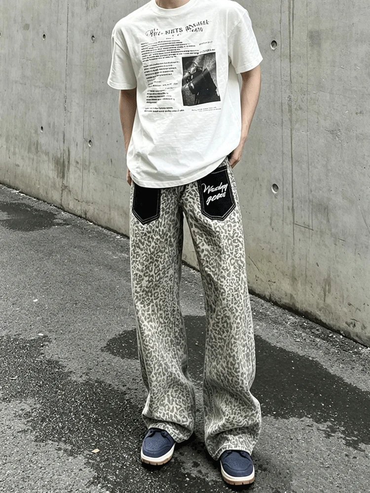 Retro American High Street Embroidered Leopard Print Men's Jeans Loose Knife  Pants Fashionable All Seasons Premium Feel