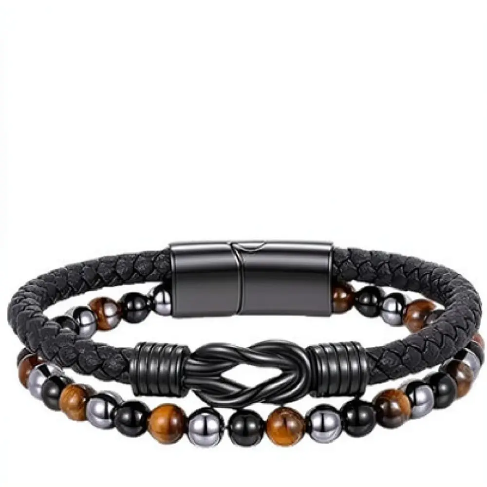 Vintage Braided Leather Bracelet Mens Stainless Steel Twisted Cable Tiger Eye Inlay Infinity Magnetic Buckle Decor