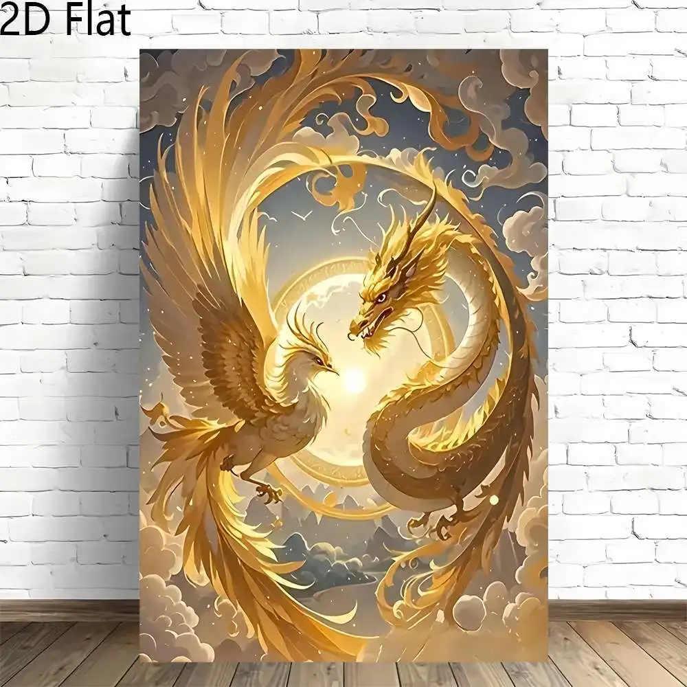 2D Flat, 2D Flat, 2D Flat 1pc Canvas Art Featuring a Chinese Dragon And Phoenix Against a Moonlit Background, Designed Withou