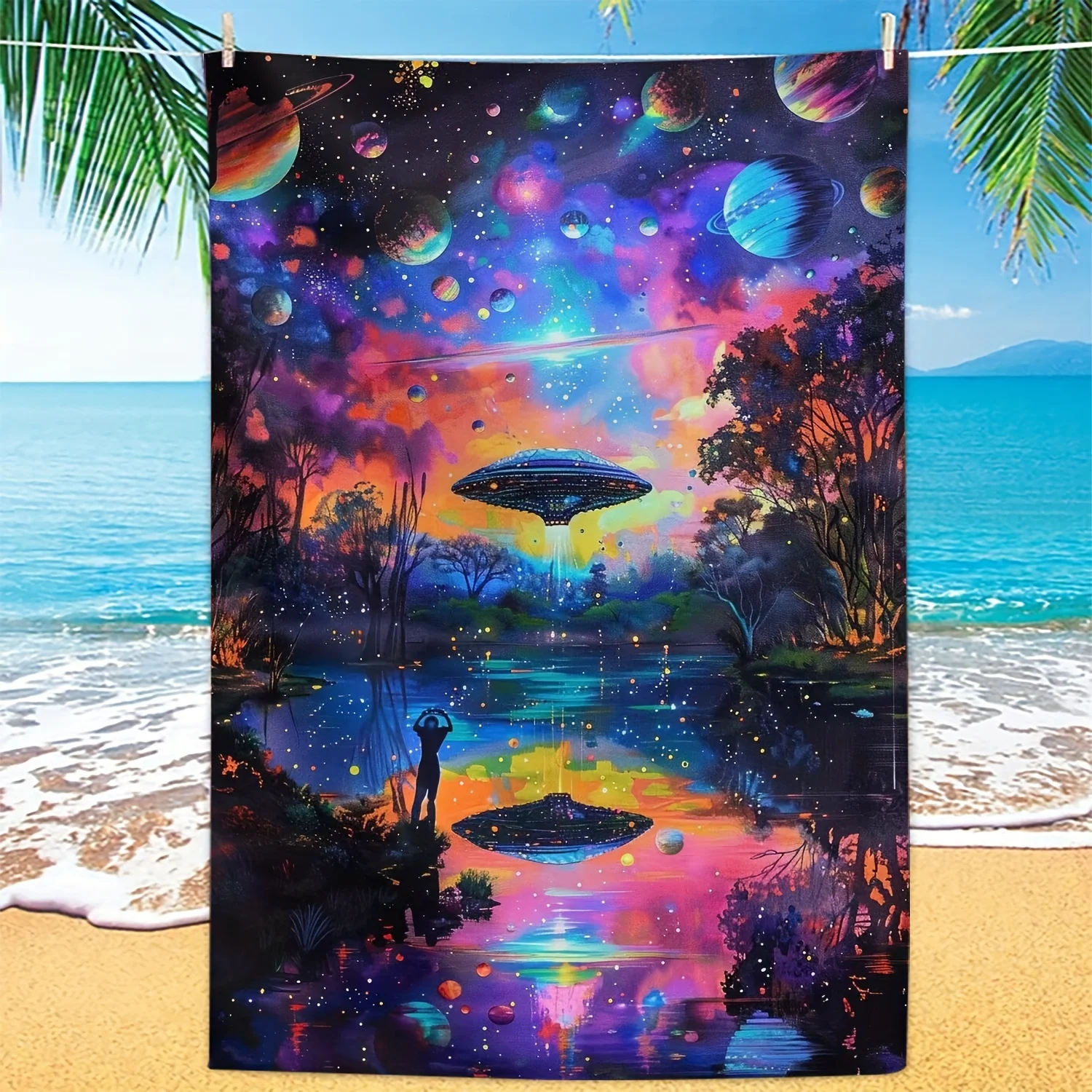 

Space Ufo Beach Towel for SummerMicrofiber terry bath towels for yoga, travel, swimming, fitness and camping