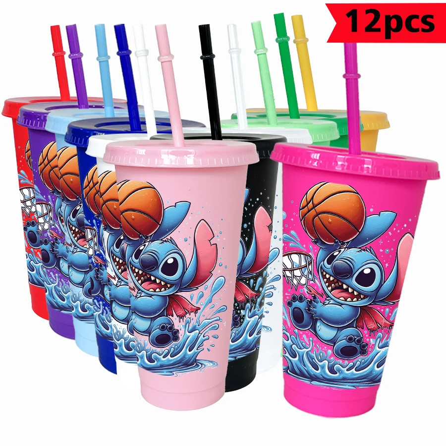 

12Pcs/pack Disney Stitch Basketball 26oz Colored Plastic Tumbler Birthday Party Drinking Utensils Juice Coffee Mug