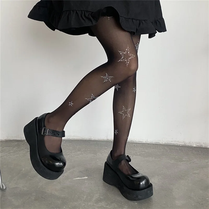 Women Teen Girls Y2K Star Pattern Rhinestone Tights Sparkly Sequin Pantyhose Party E-girl Gothic Sheer Mesh Stockings Hosiery