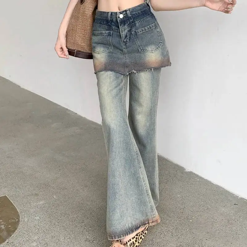 ANJY automne nouvelle femme Chic jean évasé faux deux pièces poches bavure américain rétro en détresse Ins élégant Y2K pantalons décontractés A8708