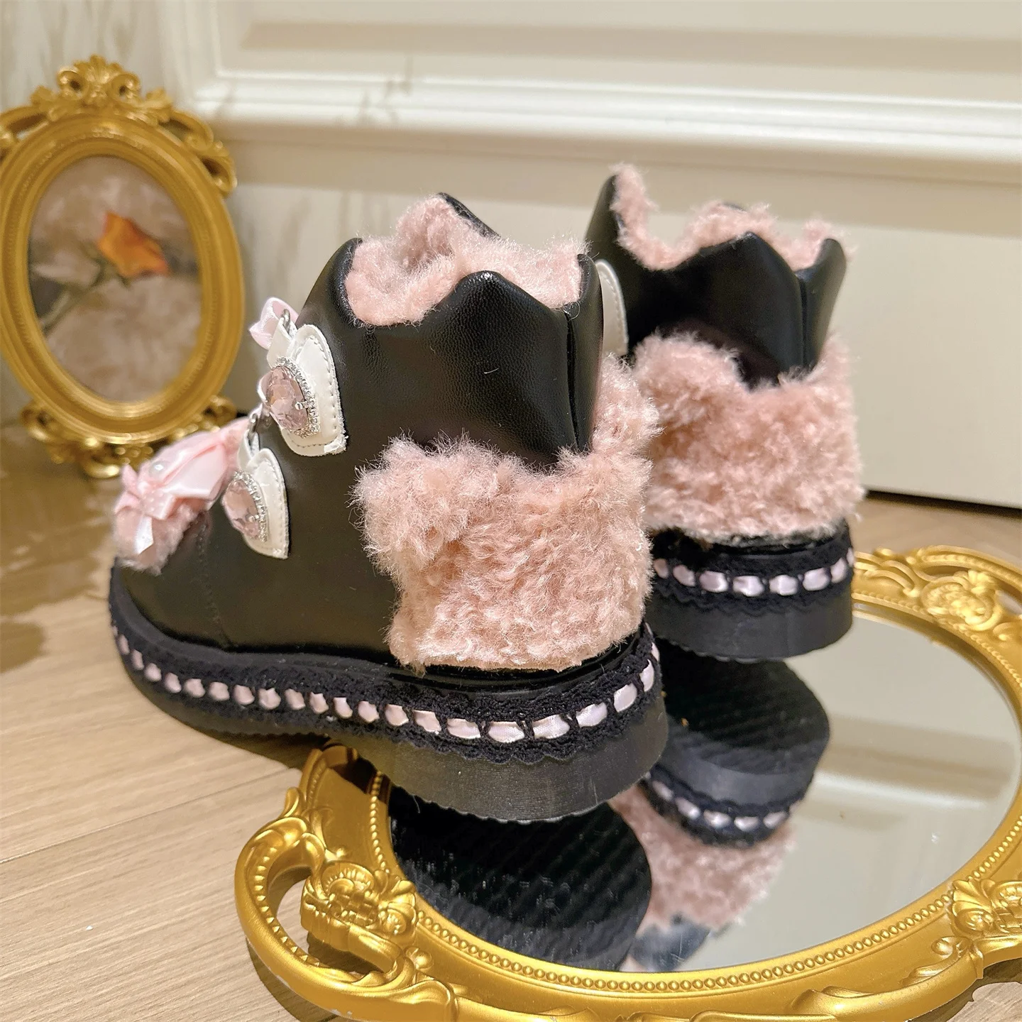 Original Sweet Girl Lolita Cute Bowknot Lamb Wool Short Boots Princess Style Thick Sole Plush Cotton Boots for Women