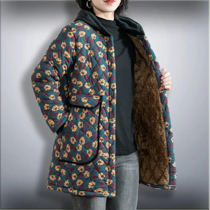 

Middle Aged And Elderly Mothers' Winter Jacket Thickened Hooded Cotton Padded Clothes Medium Long Loose Floral Fleece Coat T1767