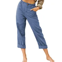 2026 Boho Linen Blend Cropped Pants for Women High Elastic Waist Button Fly Rolled Hem Trousers with Side Pockets - Image 4