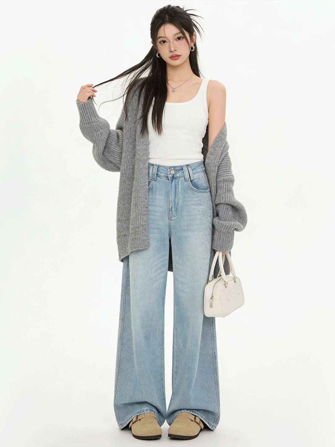 

Heavy Du High Waist Draped Slimming Light Blue Waed Denim Pants Korean Sle Wide Leg Pants with kets Women's Jeans