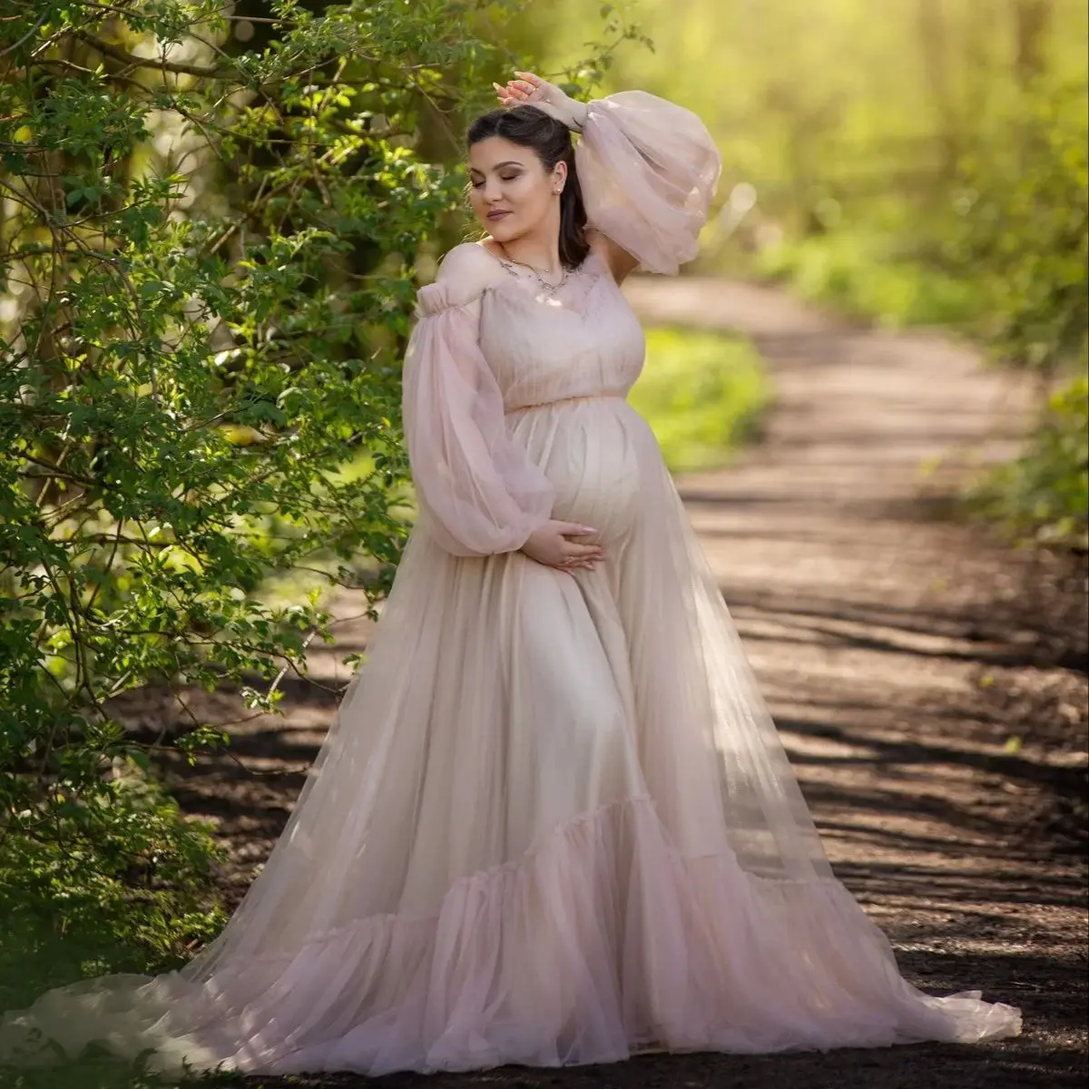 Modest Prom Dresses for Photo Off The Shoulder Tulle Maternity Dress  Full Sleeves Babyshower Robes with Lining Pregnancy Dress