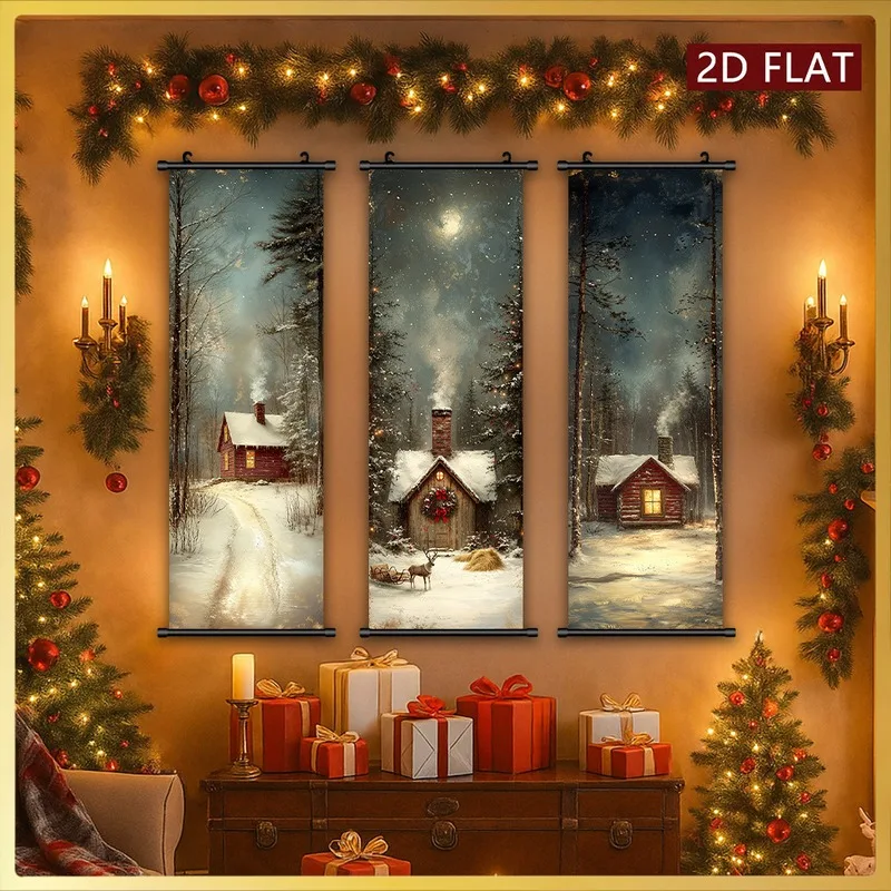 VIKAMA 3PCS Christmas Hanging Banner Set, Vintage Santa Snowman Reindeer Postcard Wall Scroll for Xmas Fireplace Decor