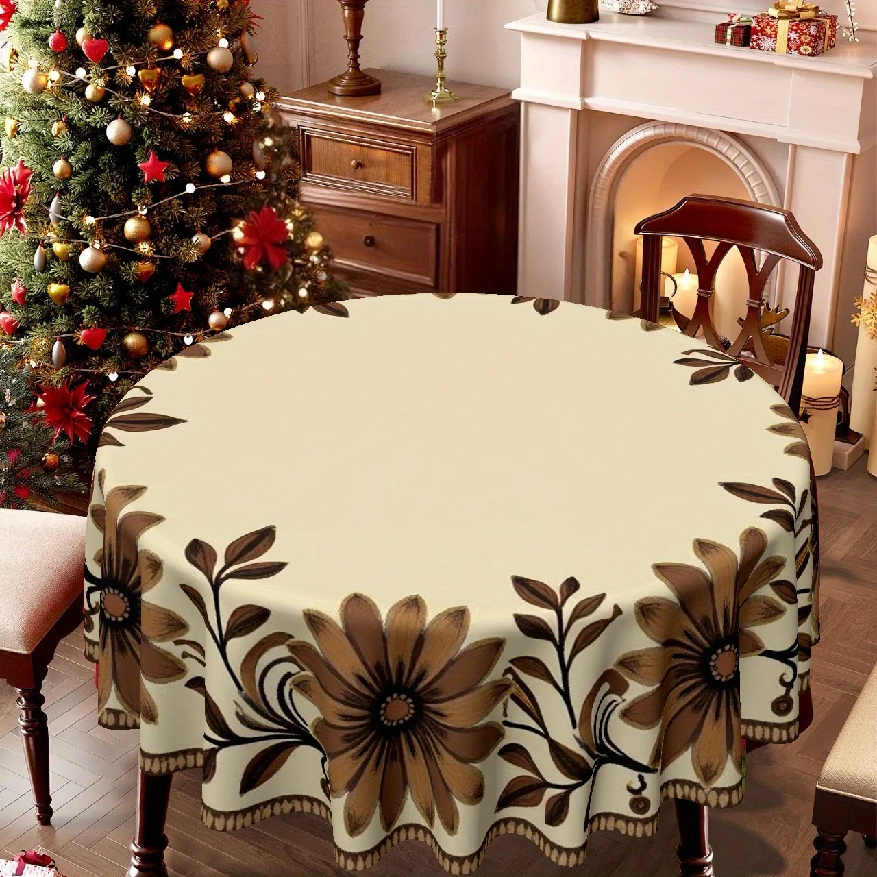 One rural-style beige and brown floral round tablecloth with ruffles - cream white