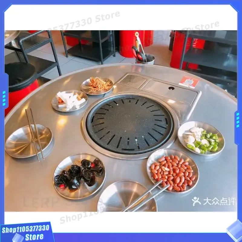 Stainless Steel Propane Gas Stove with Pulse Ignition Built in BBQ Grill for Korean Restaurant Hot Pot and Barbecue Cooking