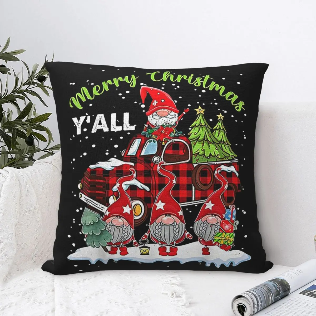 Christmas Santa Gnome Red Truck Square Pillowcase Pillow Cover Cushion Zip Decorative Comfort Throw Pillow For Home Bedroom