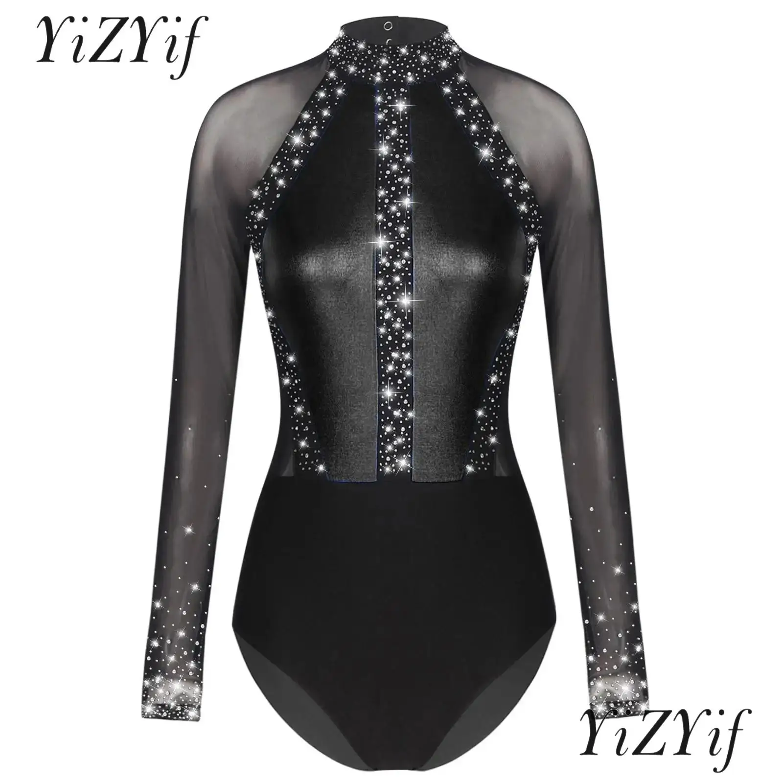 

Women's Gymnastic Leotard Metallic Mesh Patchwork Bodysuit Ballet Dance Top Figure Skating Dance Outfits Performance Costume