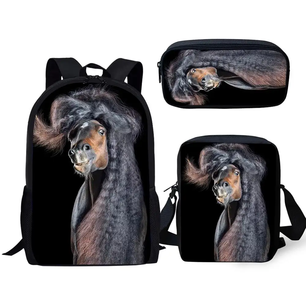Classic Popular Friesian Horse 3D Print 3pcs/Set pupil School Bags Laptop Daypack Backpack Inclined shoulder bag Pencil Case