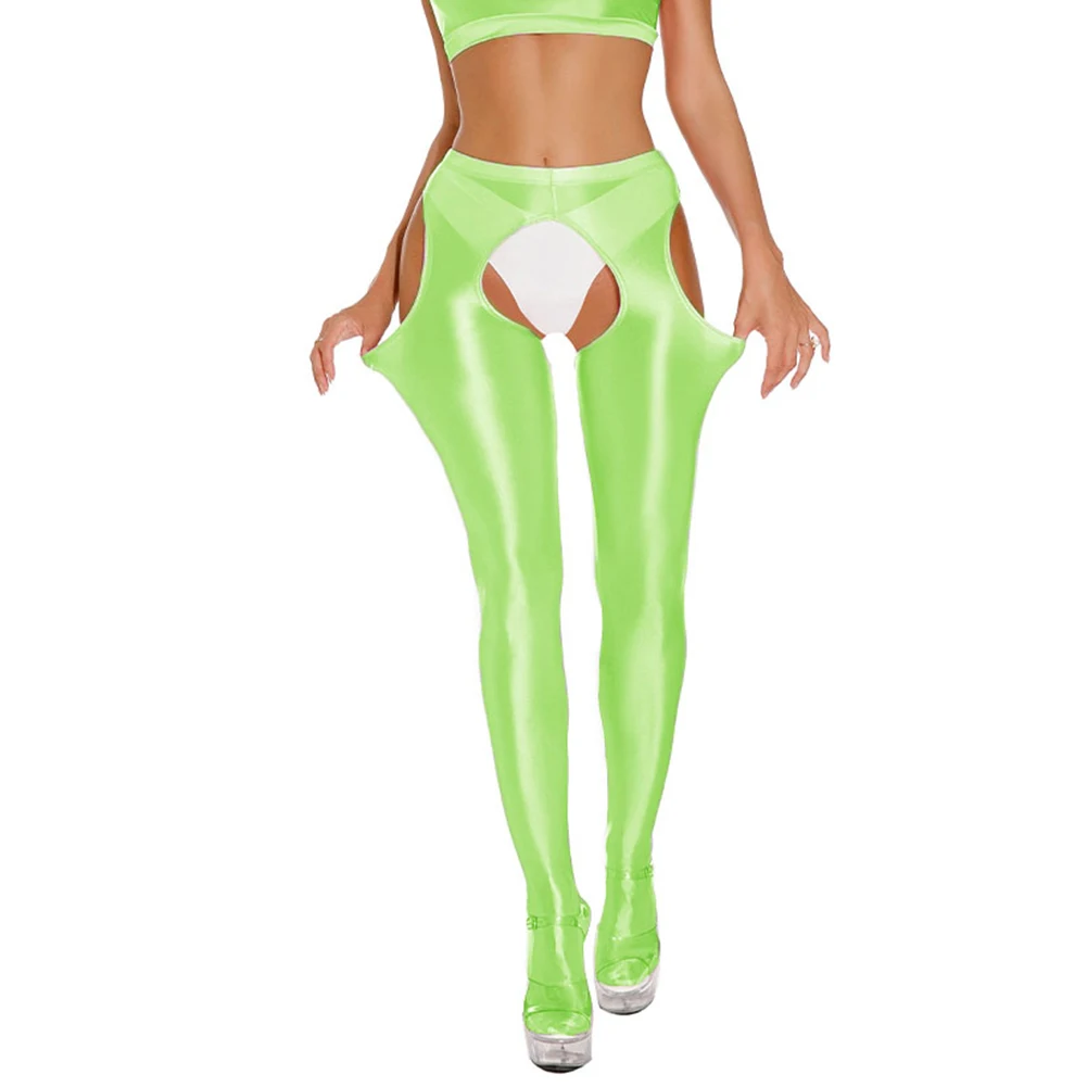 Women's Shiny See Through Open Crotch Leggings Skinny Dance Yoga Sports Pants Super Thin Pantyhose Solid Color