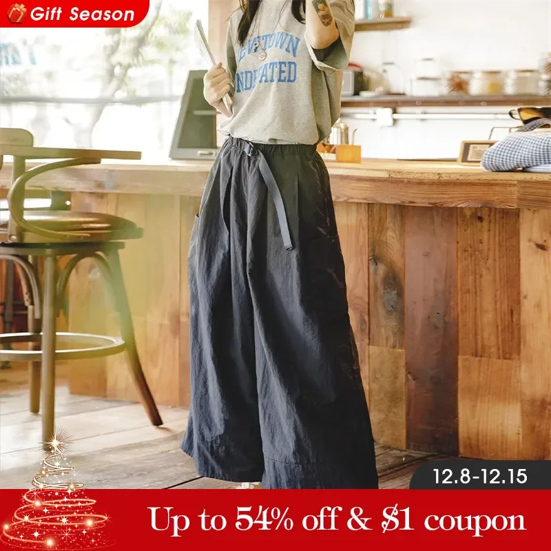 Maden Women\'s Lightweight Causal A-line Work Pants Navy Blue Mid-waist Loose Wide-leg Culottes Spring and Fall Versatile Pants