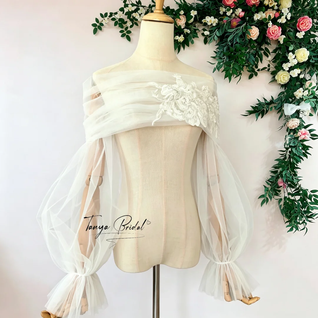 Detachable Long Sleeve Shawl Wedding Dress Accessory with Back Buttons for Brides to Conceal Flaws And Arms