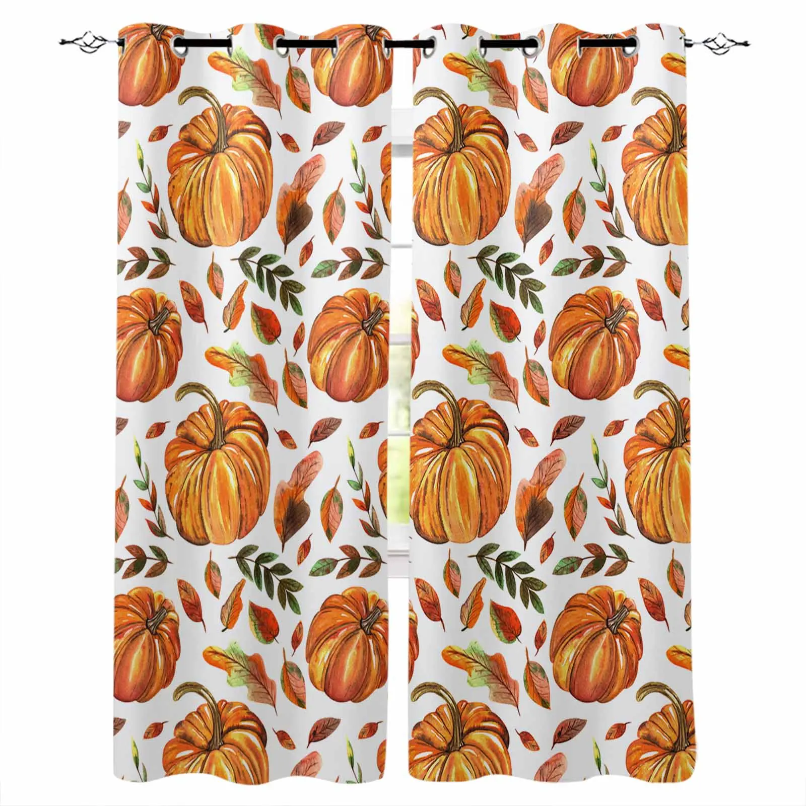 

Autumn Thanksgiving Orange Pumpkin Leaves Curtains For Living Room Kids Bedroom Window Curtain Balcony Hall Drape Long Cortinas