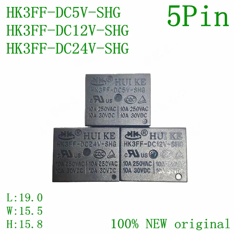 5Pcs, HK3FF-DC5V-SHG, HK3FF-DC12V-SHG, HK3FF-DC24V-SHG, T73 HUI KE Relay, DC 5V, 12V, 24V, 10A, 5PIN