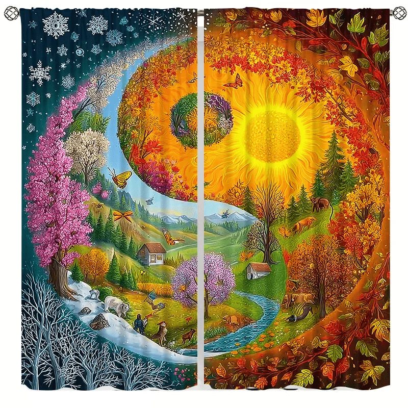 Yin Yang Four Season Landscape Curtains 2 Panels, Winter Snow Summer Sun Spring Autumn Scenery Bohemian Nature Bedroom Curtain