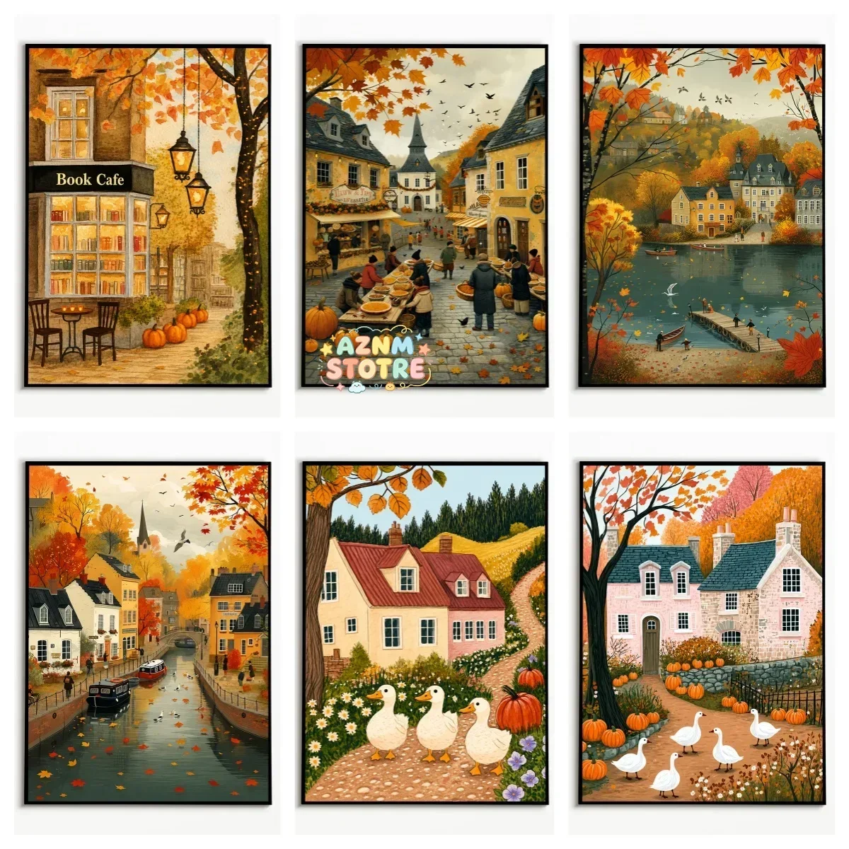 1PC  Autumn Scenery Bookstore Lakeside White Goose Pumpkin Town Poster Thanksgiving Harvest Wall Art  Frameless Canvas Printi