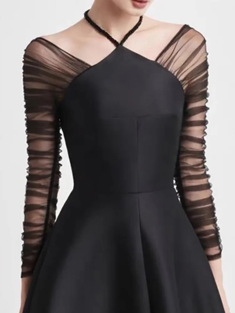 DEAT-vestido de noche con cuello Halter para mujer, traje de malla de manga larga, Espalda descubierta, retracción de cintura, cremallera, ajustado,