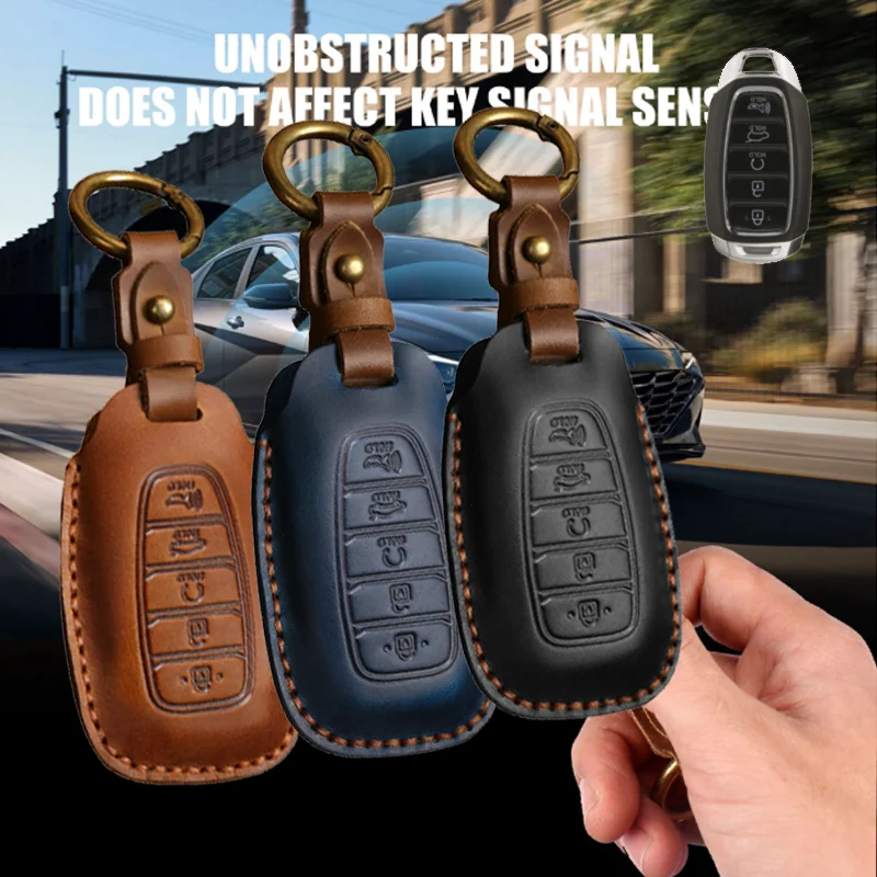

Кожаный чехол для Hyundai I30 Ix35 KONA Encino Solaris Azera Grandeur Ig Accent Santa Fe Palisade с 5-кнопкой, чехол для автомобильного ключа, сумка-брелок