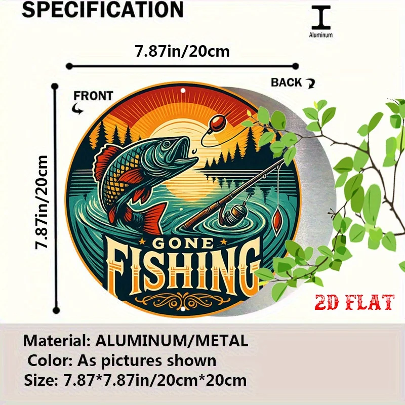 2D Flat, 1pc Vintage Fishing Metal Wall Decor - Gone Fishing Sign with Jumping Trout, Lake Scene - Rustic Cabin, Garage,
