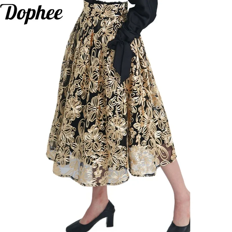 High Quality Gold Line Braid Embroidery Female Skirt New Spring Summer Luxury High Waist Mid-long Vintage A-line Mesh Skirts