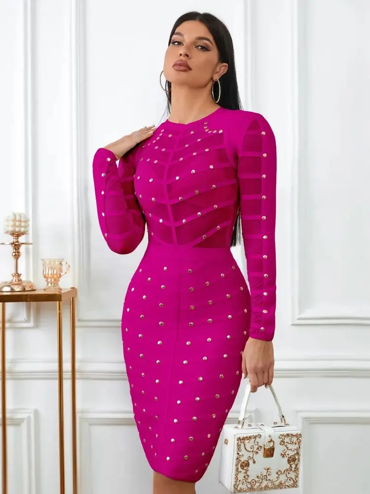 فستان نسائي للحفلات المسائية موضة جديدة مثير شبكة الخرز فوشيا ضمادة فستان بأكمام طويلة فساتين فاخرة عالية الجودة
