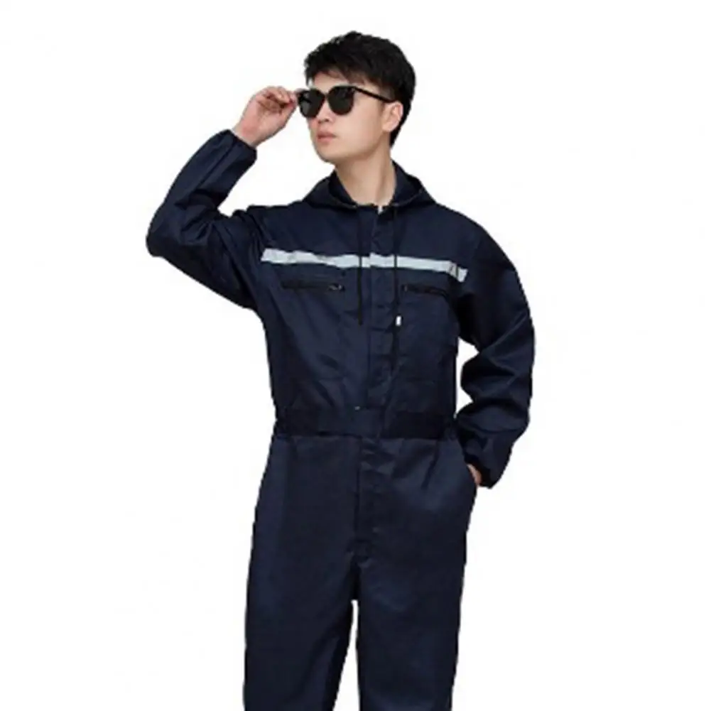 Reflective Men Work Overalls Drawstring Hooded Zipper Pockets Safety Women Worker Coveralls Mechcanic Jumpsuit Working Uniform