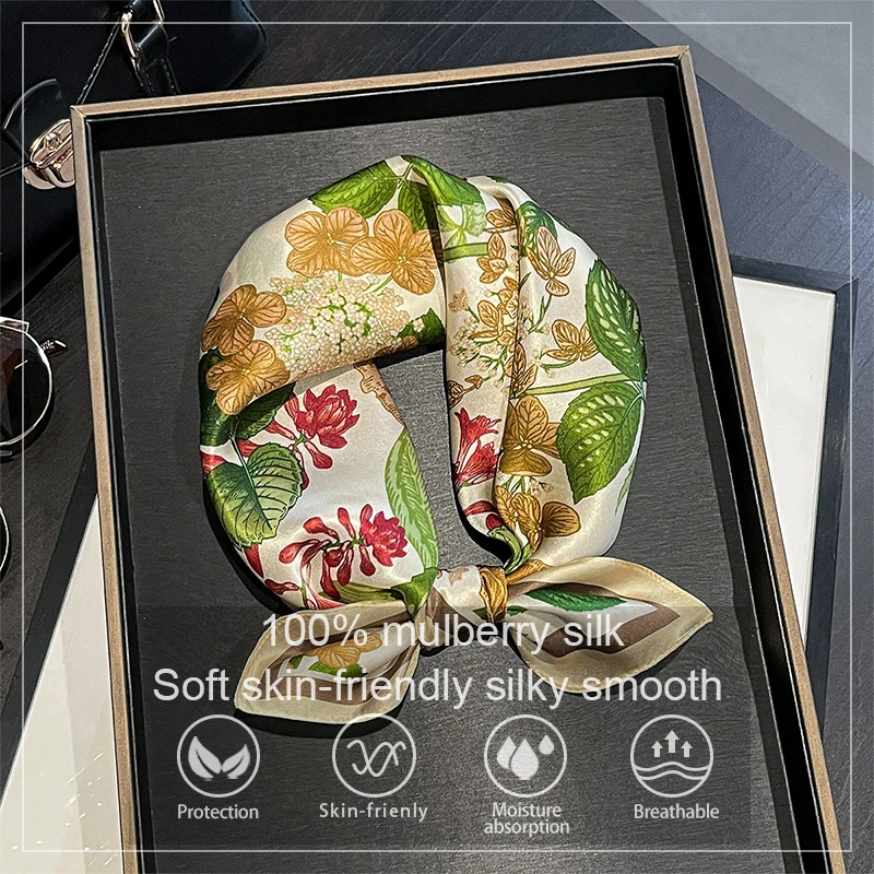 2026 Fashion 100% Real Silk Scarf 53Cm Square Bandelet Women's Silk Yellow Flower Small Scarf Neck Wrap Printed Scarves Kerchief