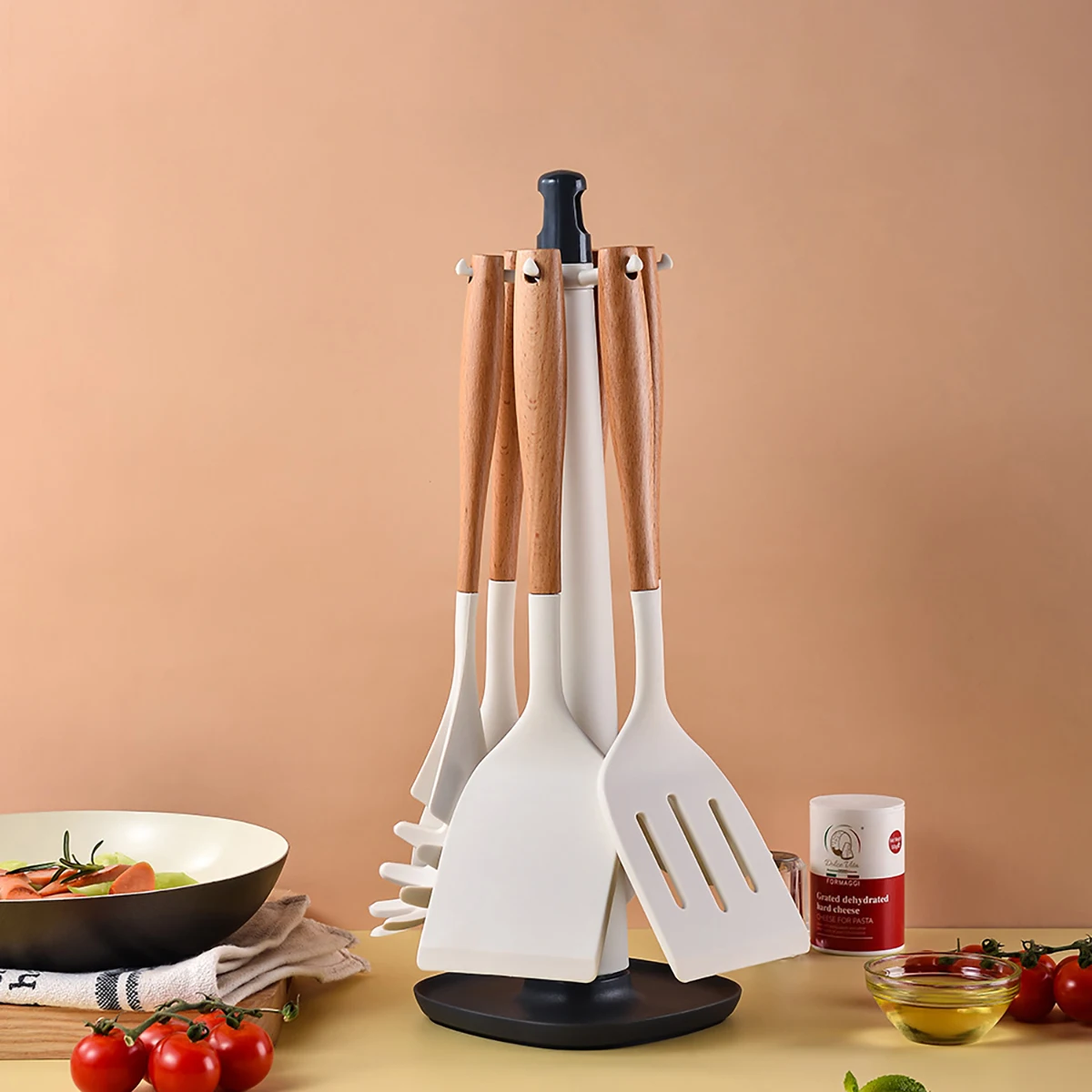 6/7Pcs Silicone Kitchenware Set Non Stick Spatula Soup Spoon Kitchen Utensils with Storage Stand Wooden Handle Kitchen Utensils