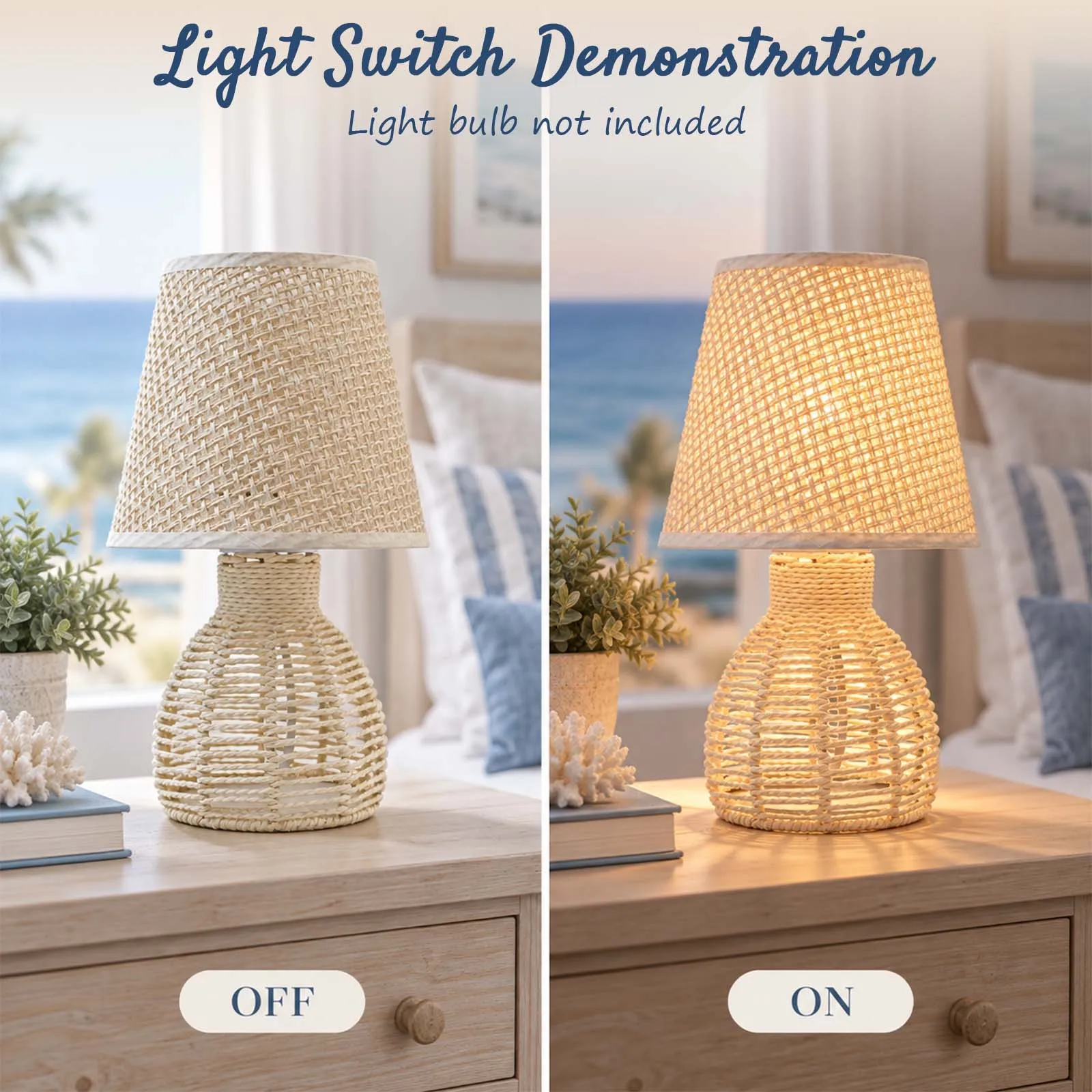 Handwoven Rattan Table Lamp Beige Grid Shade Coastal Decor E27 Bedside Living Room