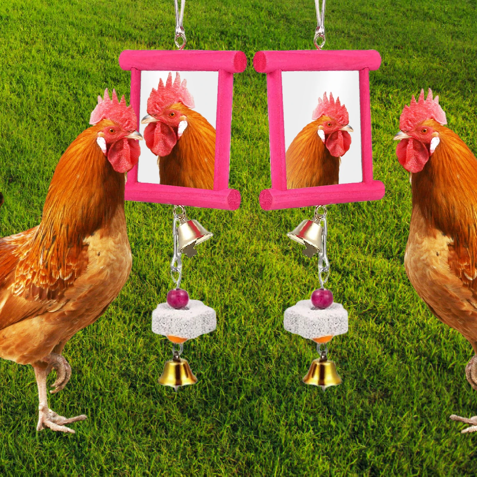 

2Pcs Chicken Mirror Toys with Bell Interactive Chewing Beak Grinding Stones Wooden Pecking Toy for Hens Coops Cockatiel