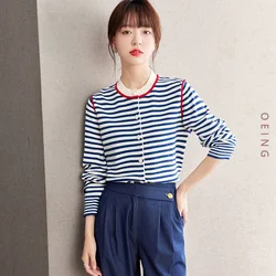 Women Fashion Blue Stripe Knitted Sweater Cardigan Autumn Winter Elegant Chic Slim Casual French Style Tops Knitwear Lady D2832