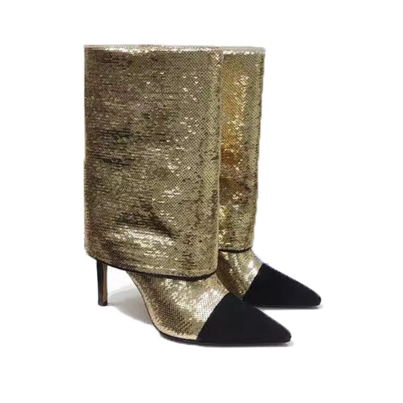 

Gorgeous Glitter Sequins Chelsea Fashion Boots Vintage Pointed Heel High Heel Pants Boots Large Size Women's Boots 34&43