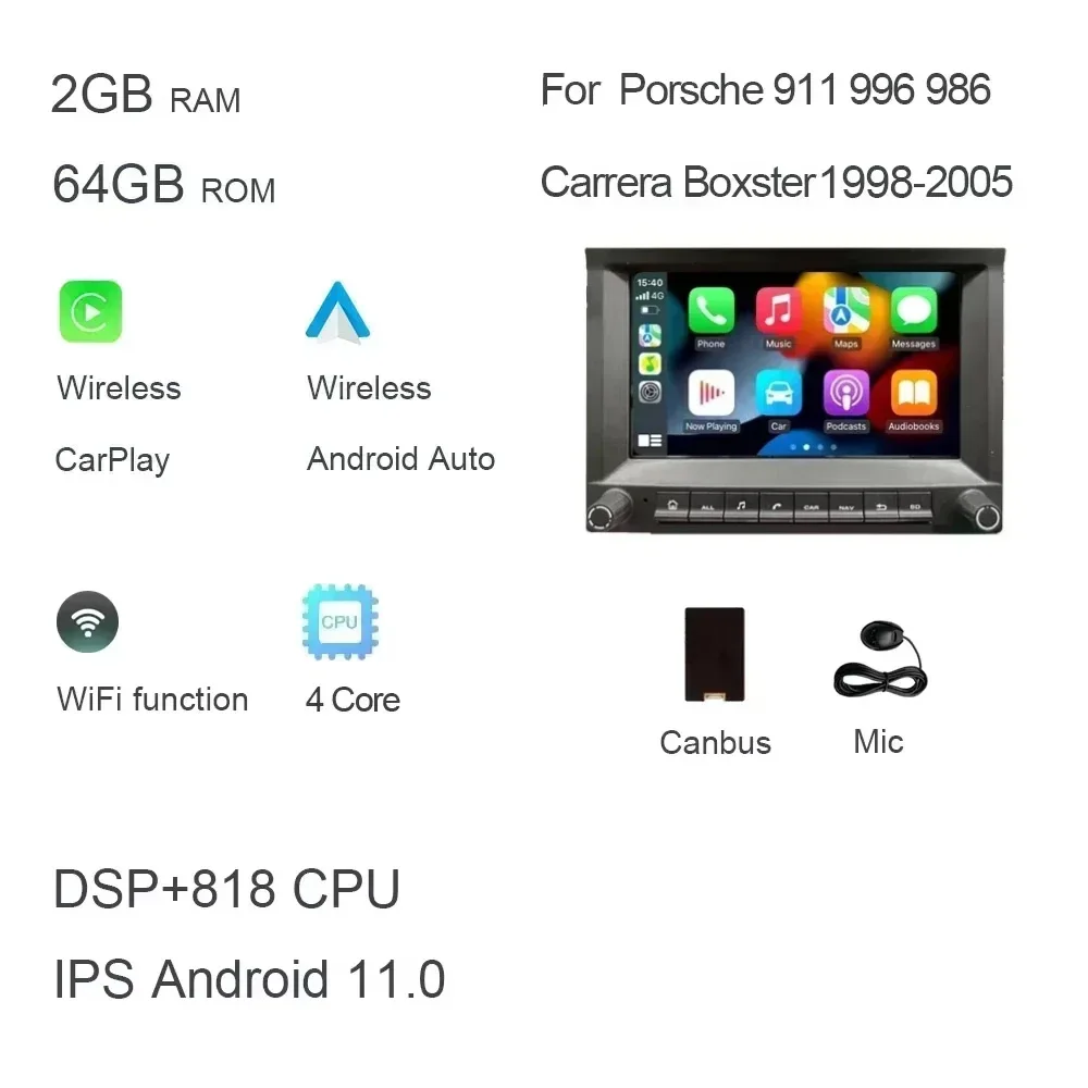 CarPlay 7' 2 DIN Android 14.0 Car DVD Player 8 Core 4GB DSP Multimedia GPS Autoradio for Porsche 911 996 986 Cayman Boxster image 3