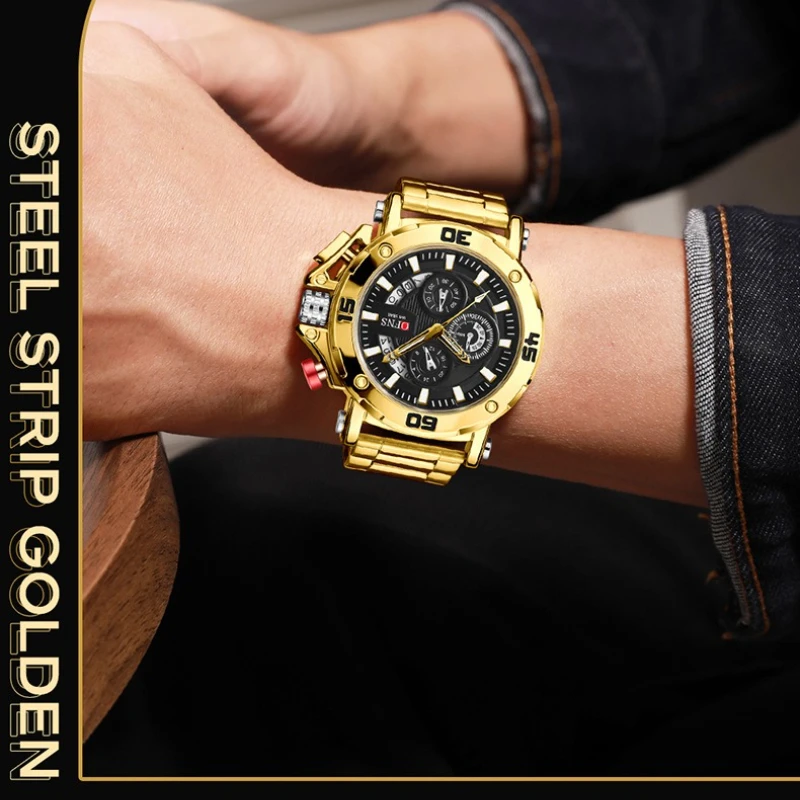 OFNS 7502 Luxury Quartz Men's Watch with Three Eyes and Six Needles Chronograph Multi Functional Steel Strip Watches for Men